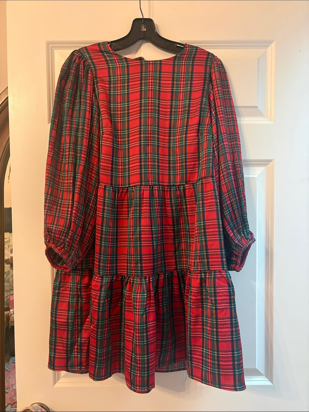 Julie Brown Red and Green Plaid Tiered Long-Sleeve Dress